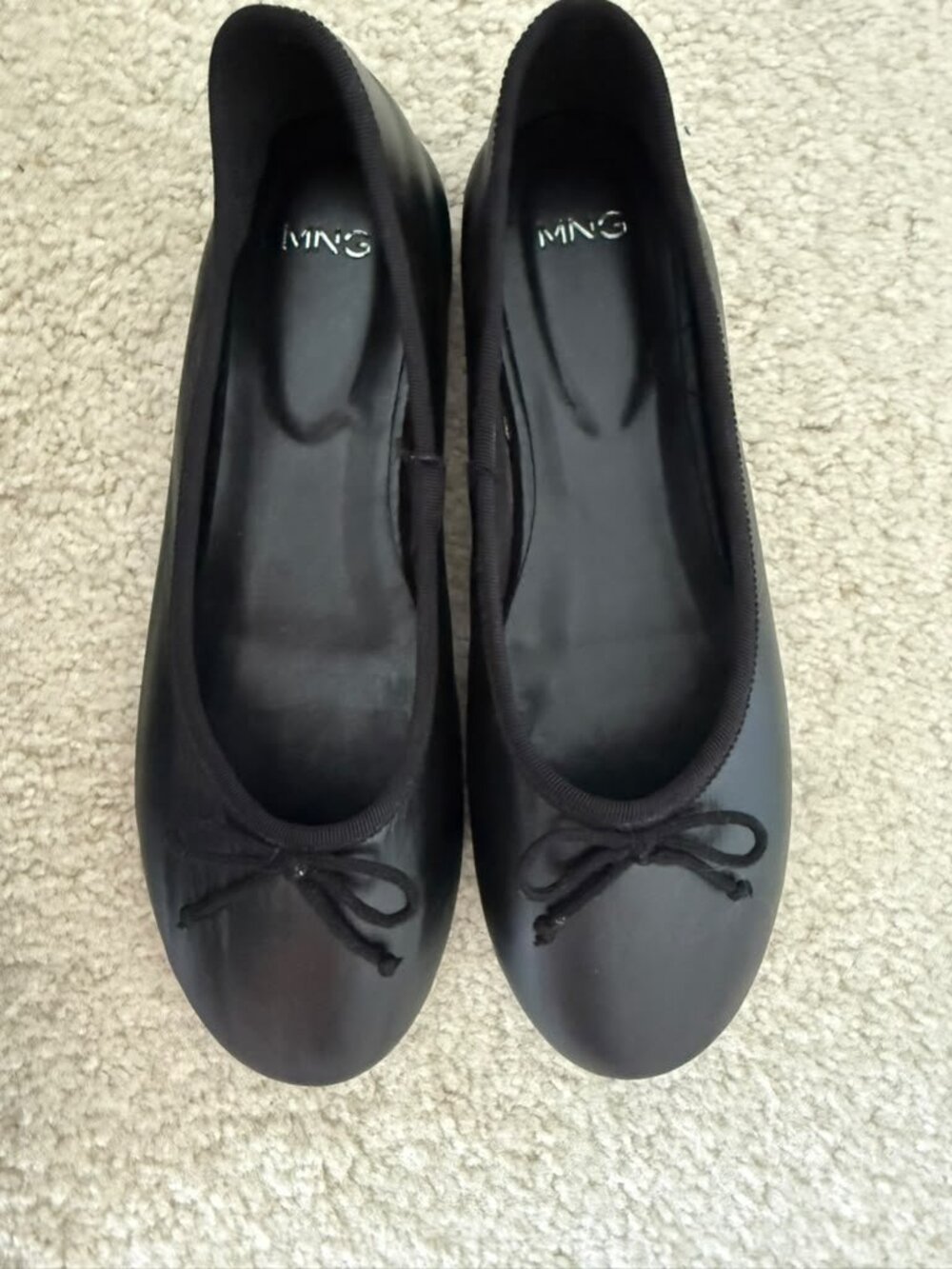 MANGO Black Leather Bow Ballerina Flats Classic Slip On EU 37 US 6.5-7
